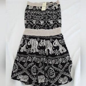 Bohemian Strapless Black and White Elephant Print One Piece W/Shorts